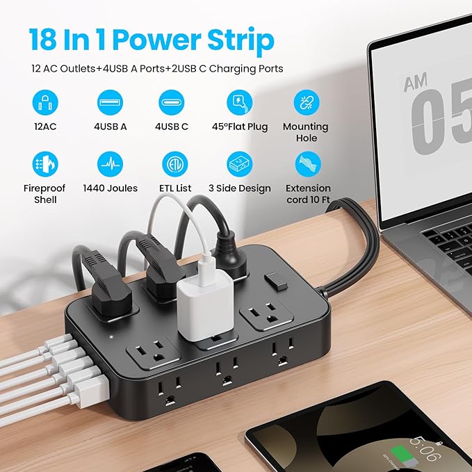 Solidock Flat Plug Power Strip Surge Protector - Image 2