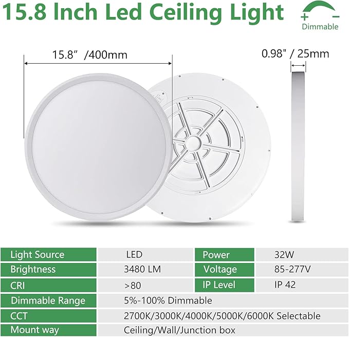 15.8 Inch Dimmable LED Flush Mount Ceiling Light, 3000K/3700K/4000K/5000K/6000K - Image 4