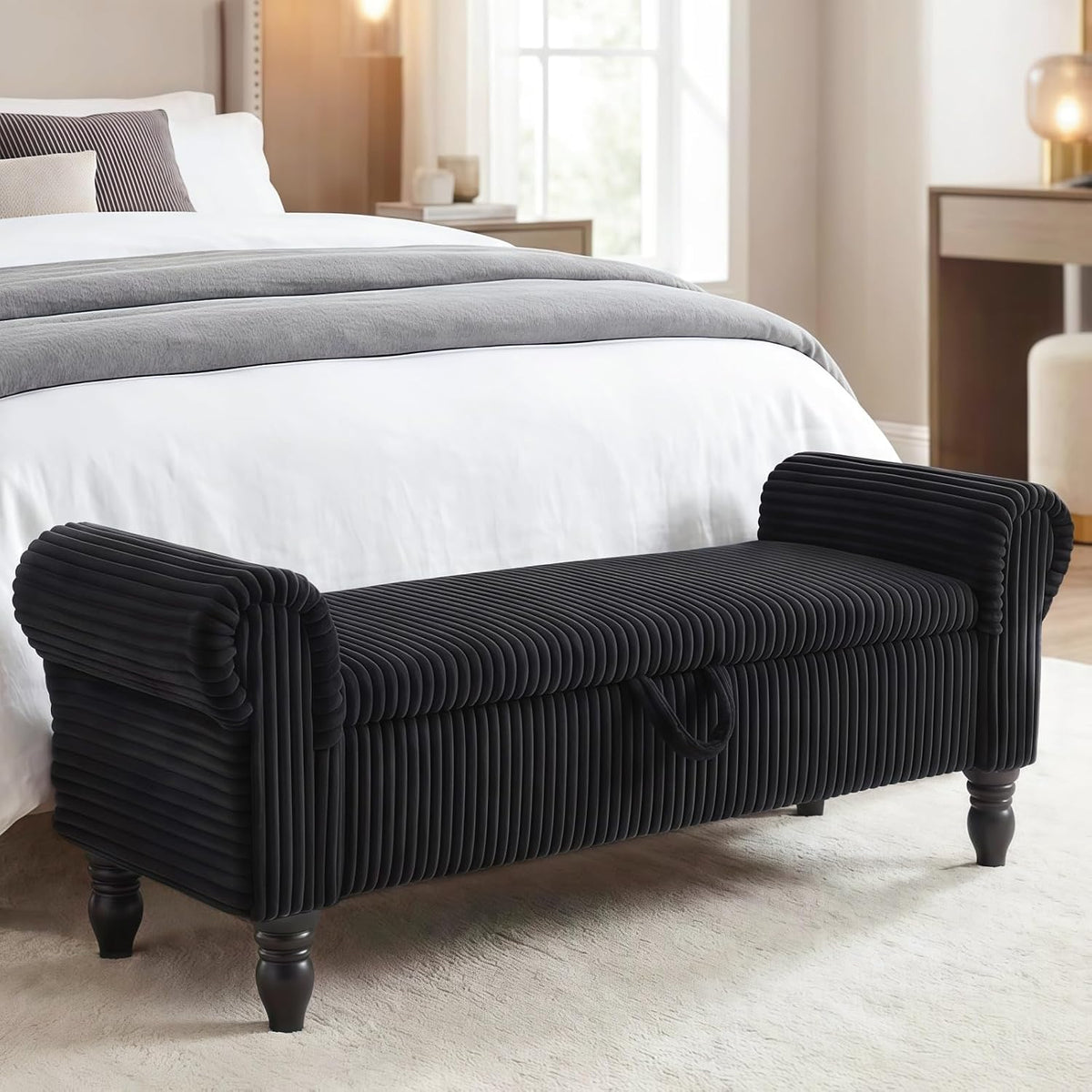 55" corduroy storage ottoman bench, queen bed, black, main product view