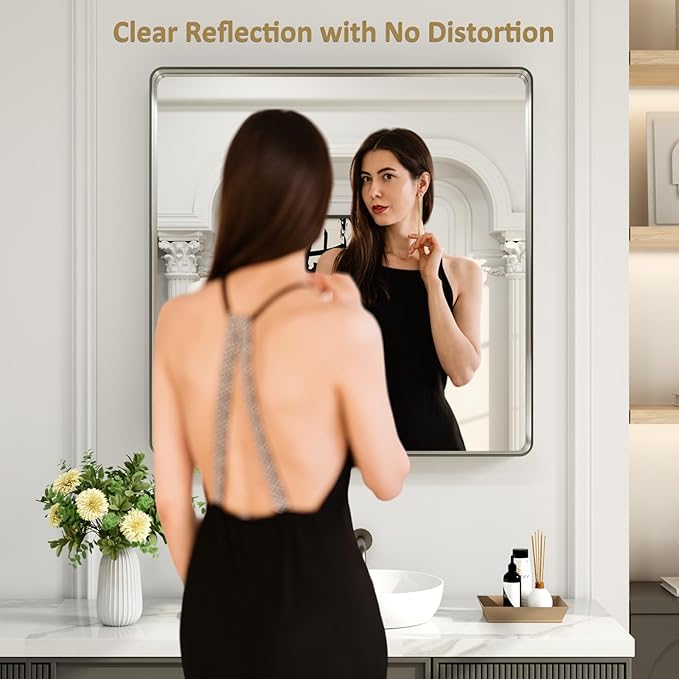 LOAAO 30X30 Inch Brushed Nickel Bathroom Mirror, Rounded Rectangle Silver Metal - Image 2