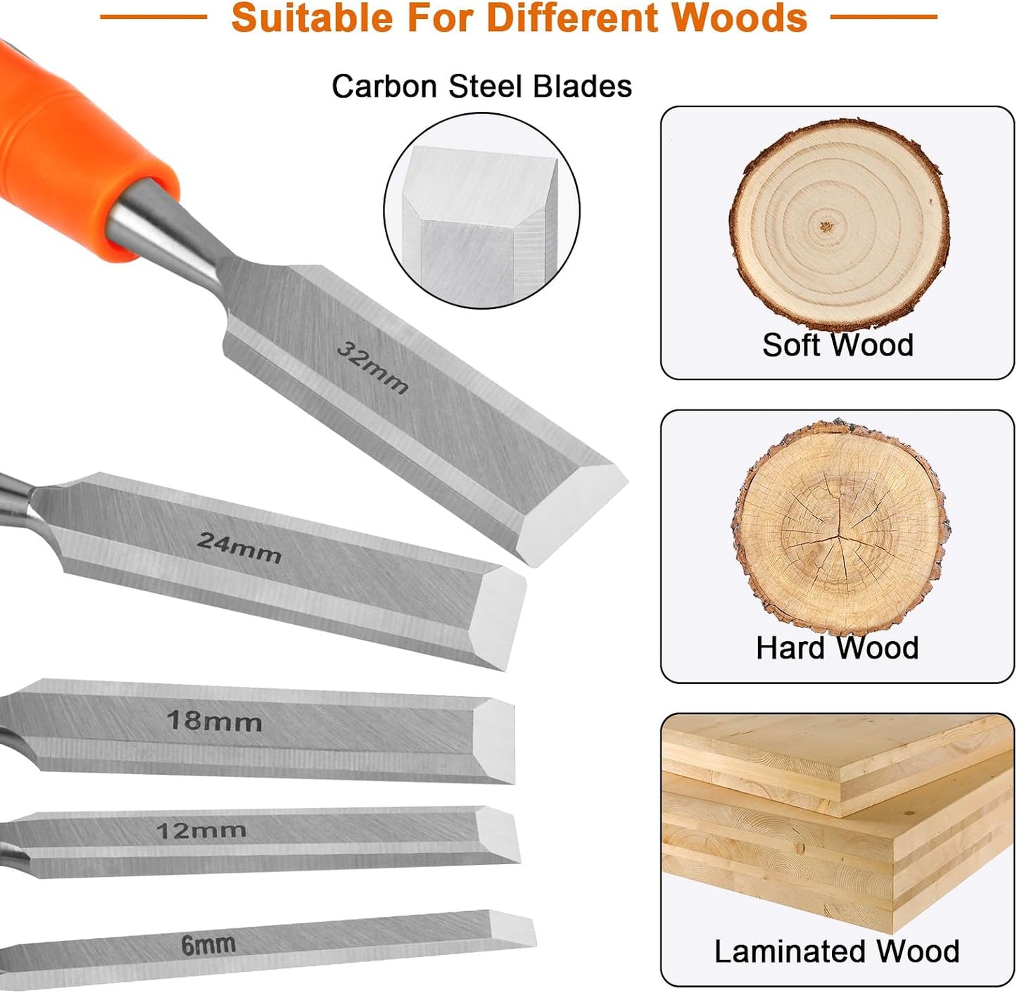 5 Piece Wood Chisel Sets Woodworking Tools Set, Wood Chisels for Woodworking with Steel Hammer End, Wood Tools Chisel Set Woodworking with Ergonomic Plastic Handle, 6mm, 12mm, 18mm, 24mm, 32mm