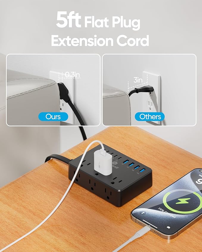 Kakyanill 100W Power Strip, 6 AC Outlets 8 USB Ports - Image 5