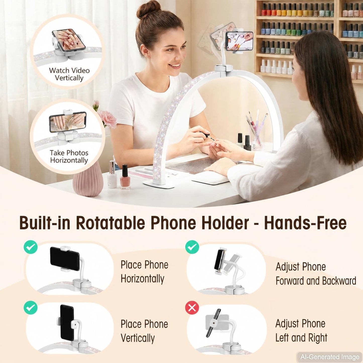Half Moon Light for Nail Desk: 180° No-Shadow Manicure Table Lighting | 29'' with 3 Color Modes 10 Brightness Levels Keeps Nail Salon Work Area Lit for Manicurists - Phone Holder (Diamond)