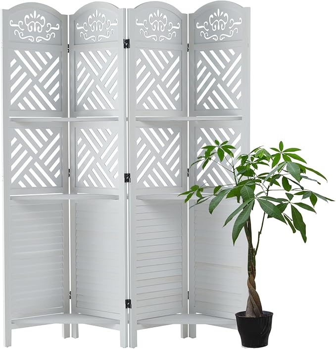 Svimi Room Divider with Shelves, 68.9inch Wood Carved and Louvered Wall Divider - Image 8