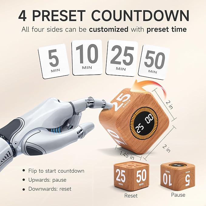 Rotating Productivity Timer 5, 50 Minutes Preset, Desk Cube w/Gravity Sensor - Image 2