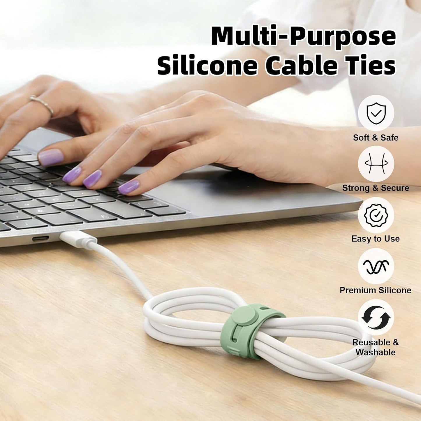 28Pcs Silicone Cable Ties Reusable, Multipurpose Cable Management Organizer, Adjustable Fastening Cable Straps with Locking Buckles, High Elasticity Cord Organizer, Travel Essentials(2 Sizes, 7Colors)