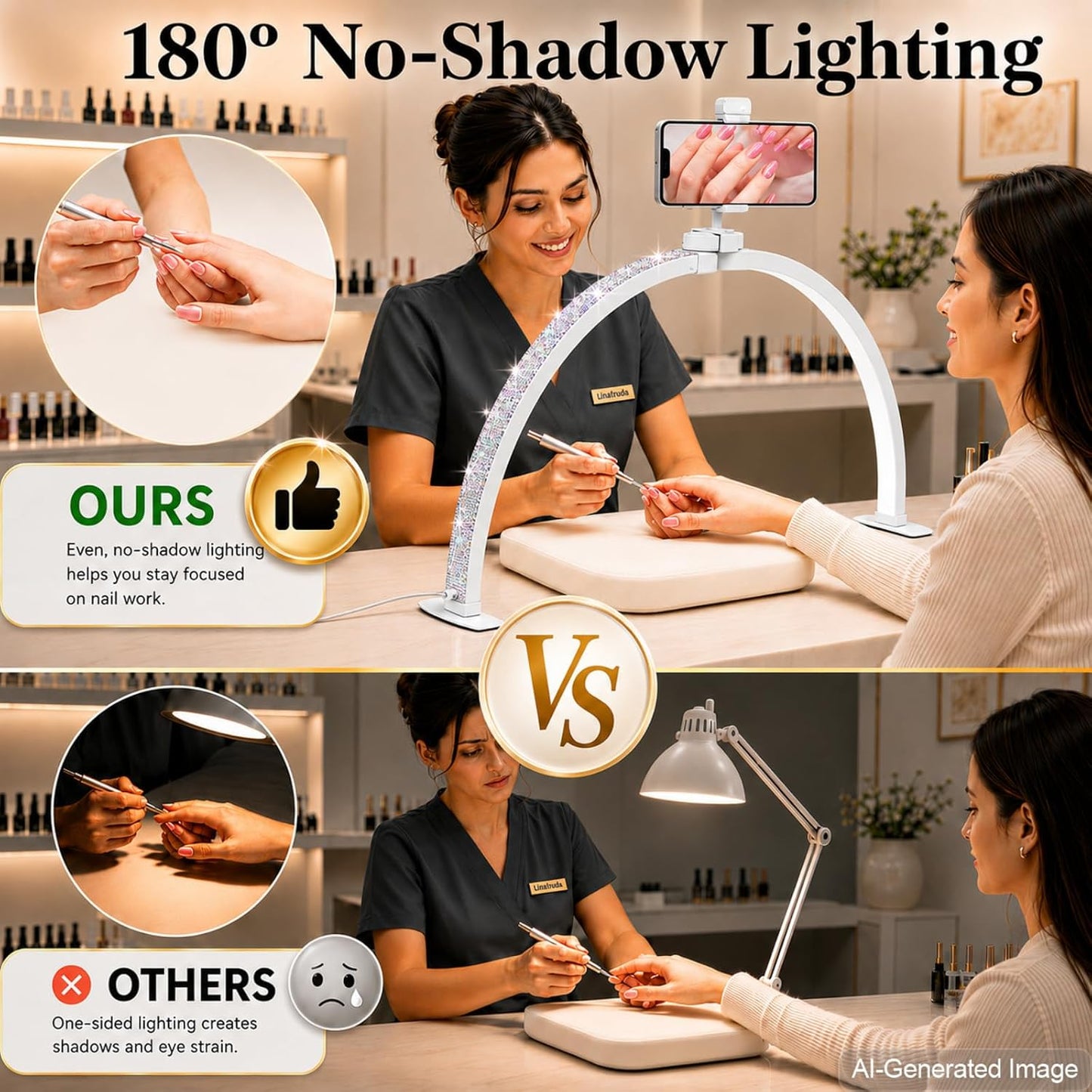 Half Moon Light for Nail Desk: 180° No-Shadow Manicure Table Lighting | 29'' with 3 Color Modes 10 Brightness Levels Keeps Nail Salon Work Area Lit for Manicurists - Phone Holder (Diamond)