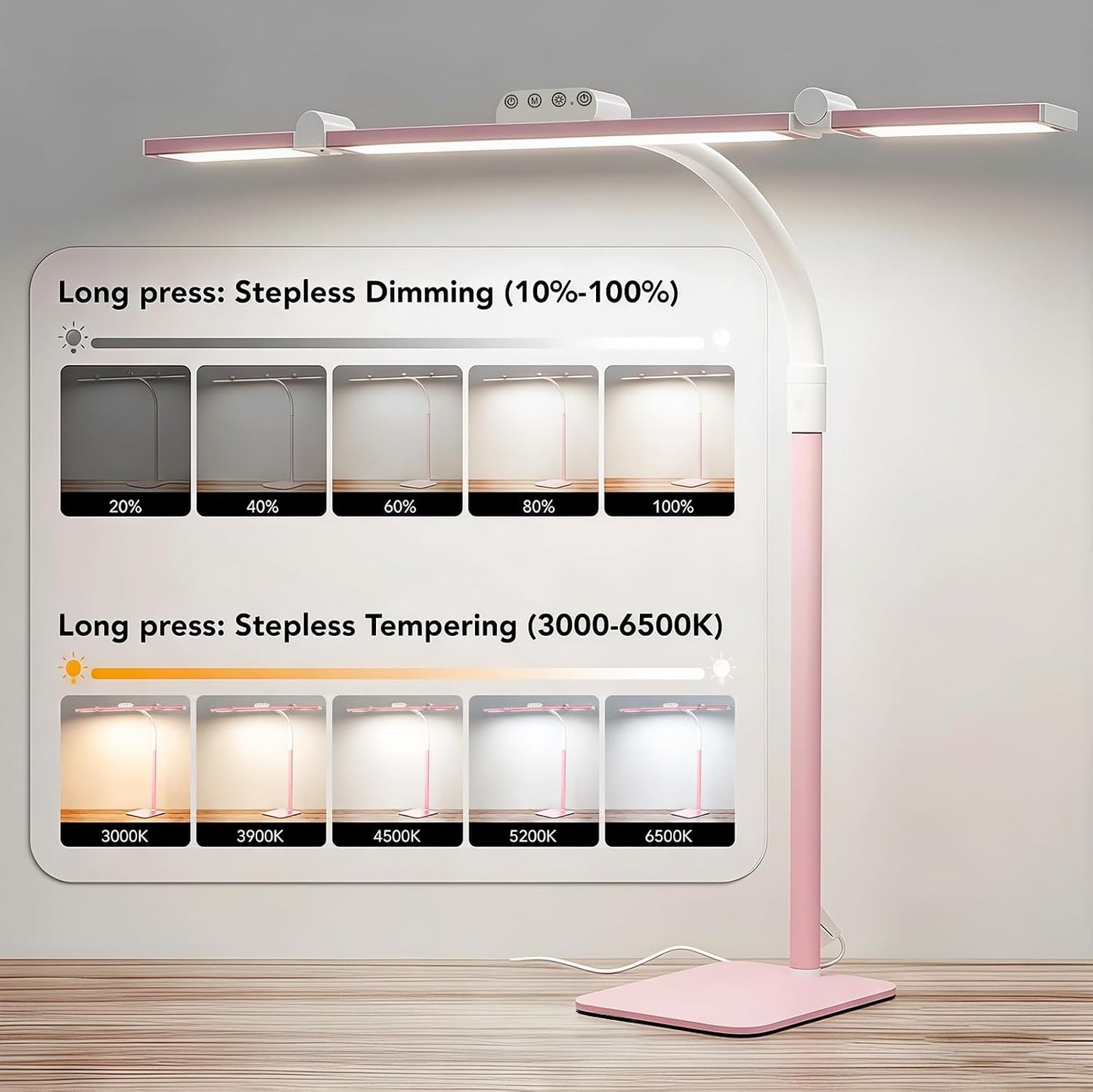 LED Desk Lamp for Home Office with Base, 28.2" Adjustable Gooseneck Swing Arm Bright Desk Light, Dimmable Architect Table Lamp for Desktop Computer Light, Reading, Study, Workbench（Pink）