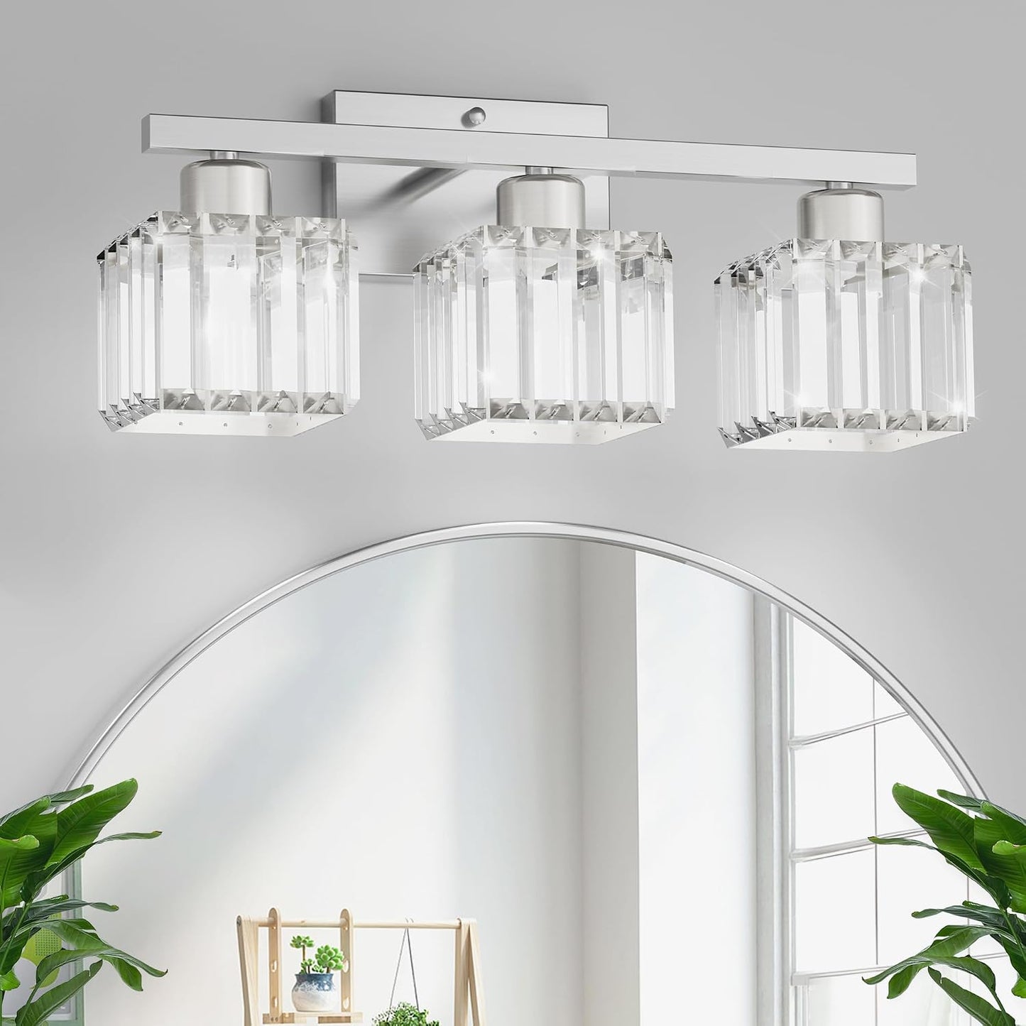 comzler 3-Light Bathroom Light Fixtures Over Mirror, Brushed Nickel Crystal Wall Sconce with E26 Base for Mirror Kitchen Living Room Bathroom, Square Crystal Shades (Bulbs Excluded) | Wall Sconce with E26 Base for Mirror Kitchen Living Room Bathroom