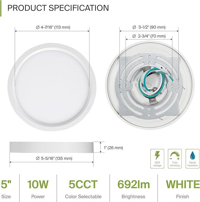 ASD LED 5" Round Flush Mount Ceiling Light Fixture, Low Profile Surface - Image 2