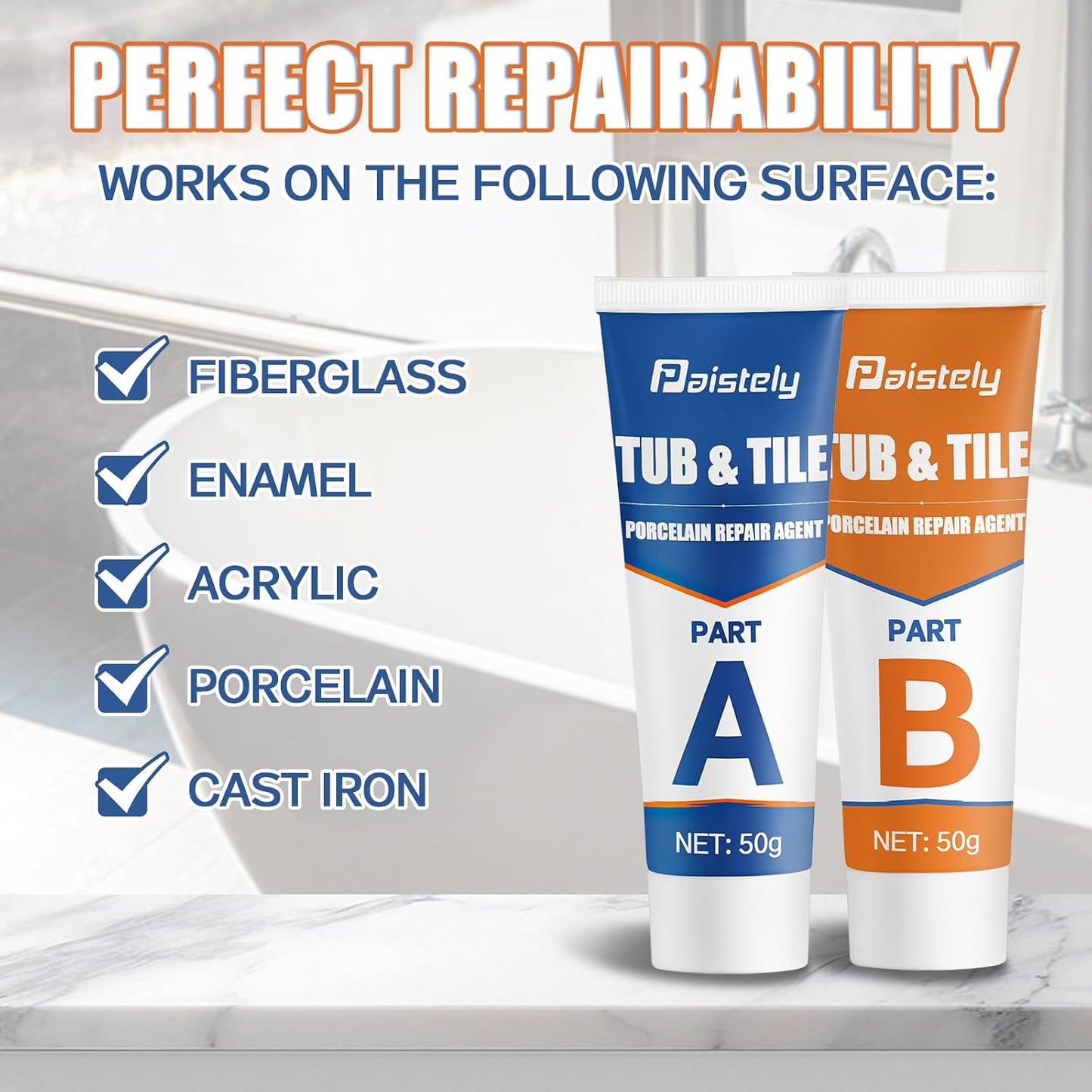 Porcelain Repair Kit, Waterproof Fiberglass Tub Repair Kits, Strong Tile Repair Kit, Non-Toxic Ceramic Tile Repair Kits Suitable for Granite, Marble, Quartz, Ceramics, Porcelain, Resin, etc (50g+50g)