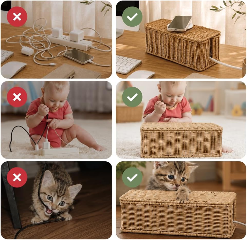 Cable Management Box, Handmade Rattan Cable Organizer with 2 Open Slots, Cord Hider for Power Strip, Router & USB Hub, Registered U.S. Design Patent (D1,112,102), 13" x 5.1" x 5.1", Natural