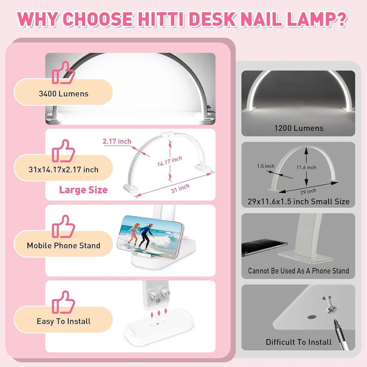 HITTI 31in Half Moon Light for Nail Desk, Foldable, Crystal Diamond | Phone Stand, LED Brightness and Color, 48W, Arch Nail Tech Table Lamp for Manicure, Craft, Art, Eyelash Extension