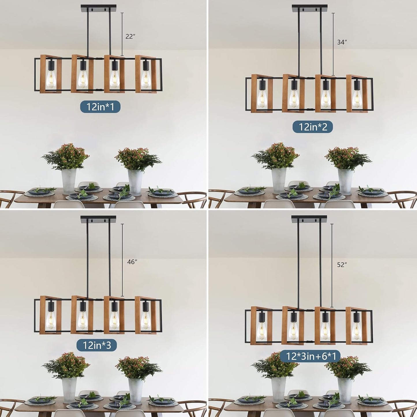 35.4" Kitchen Island Lighting,4 - Light Dining Room Farmhouse Chandelier,Black Modern Pendant Lighting,Pool Table Lights,Wood and Matte Black Metal Finish