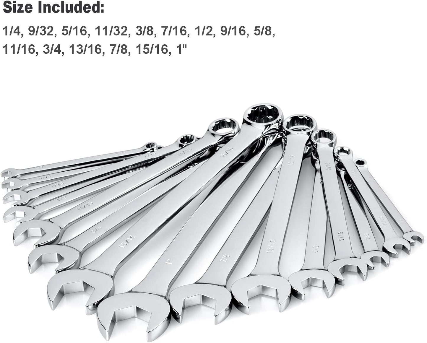 Max Torque 15-Piece Premium Combination Wrench Set, Complete SAE Inch Sizes from 1/4” to 1” with Rack Organizer | Cr-V Steel, Mirror Chrome Finish, Long Pattern, V-Groove Open End and 12-Point Box End