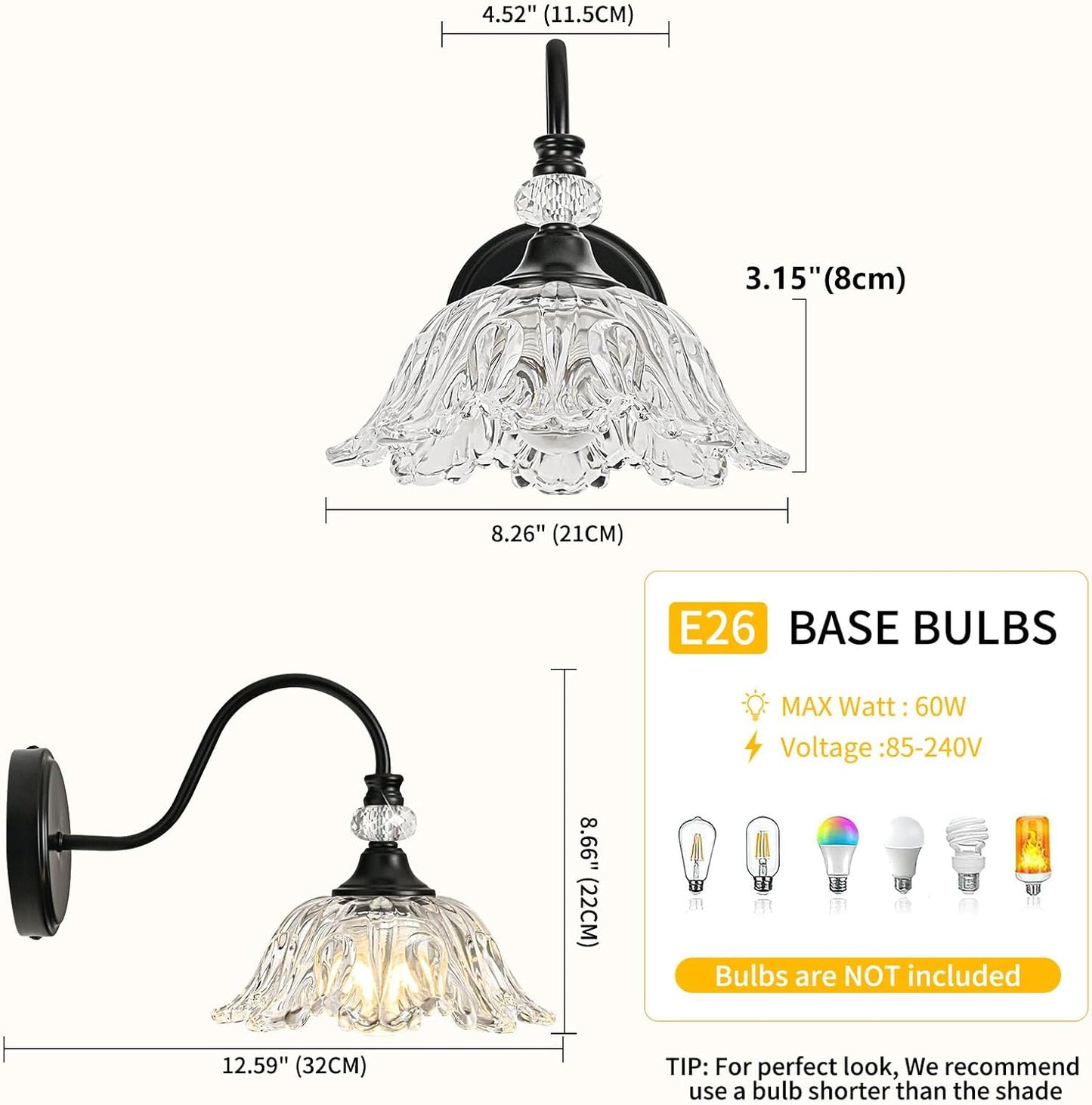 1 Piece Black Wall Sconce with Floral Clear Glass Shade, Black Farmhouse Wall Mount Lighting for Bathroom,Vintage Bathroom Vanity Light Fixture