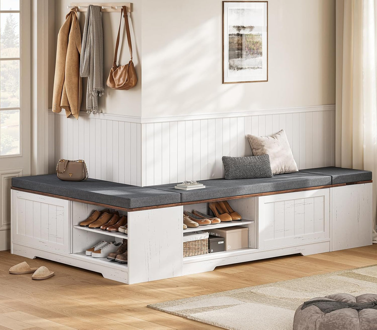 uposoja farmhouse l shaped breakfast nook bench, white-brown, close-up detail