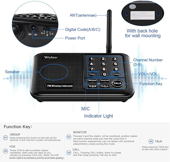 Wuloo Intercoms Wireless for Home 5280 Feet Range 10 Channel 3 Code, Wireless - Image 5
