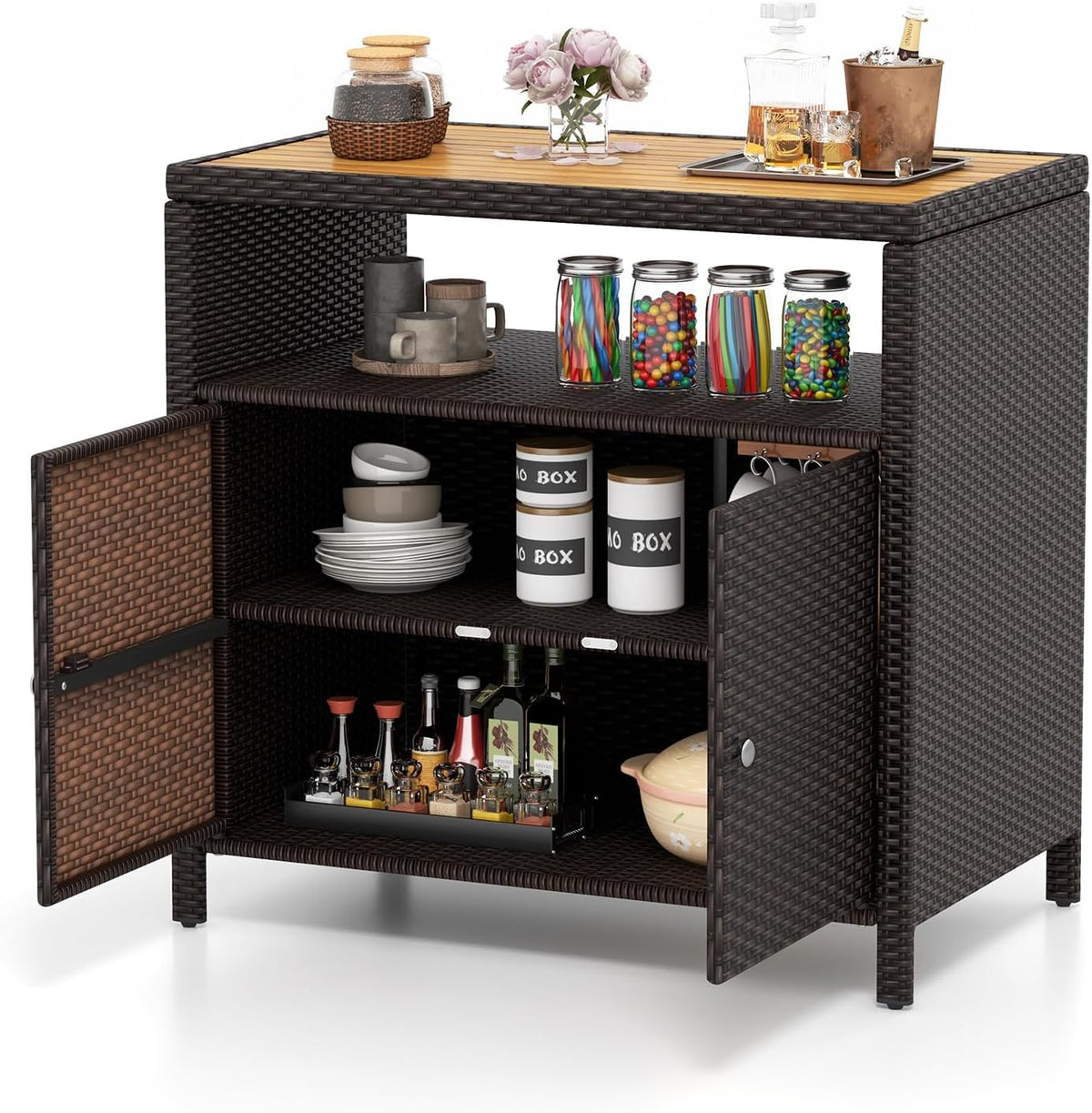 tangkula rattan outdoor storage cabinet, patiojoy outdoor cabinet shown in use