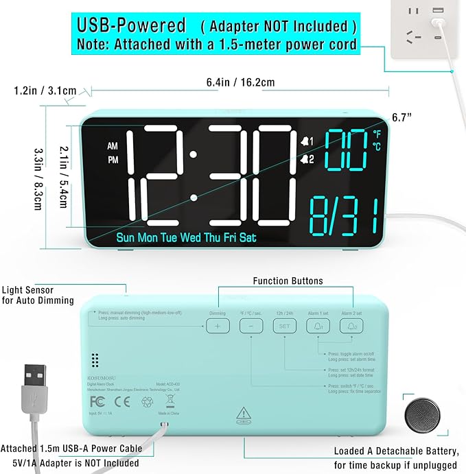 KOSUMOSU Digital Alarm Clock for Bedroom, 6.7in Desk Clock LED, Auto Dimming - Image 5
