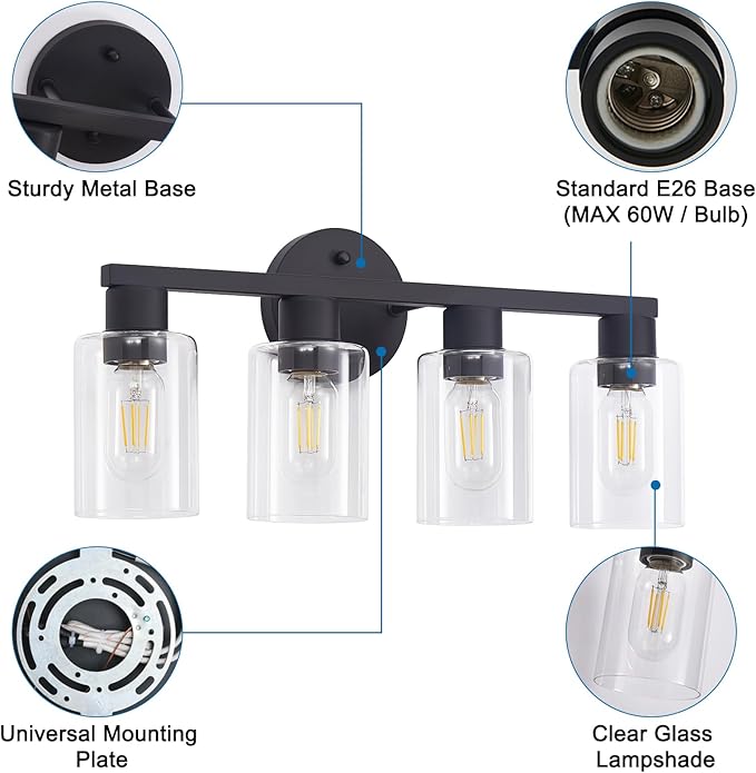 4 Light Bathroom Vanity Light, Matte Black Bathroom Light Fixtures - Image 9