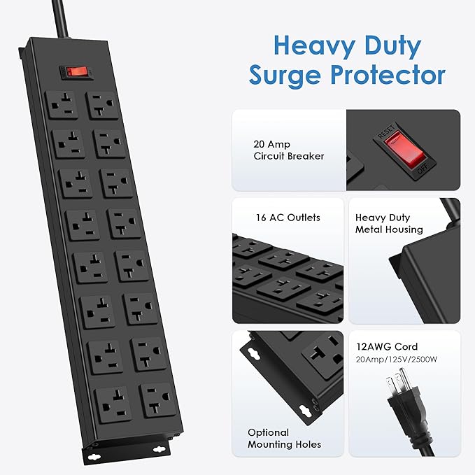 JUNNUJ Heavy Duty 20 Amp Power Strip, Garage 16 Outlets Metal 12 Gauge Surge - Image 5