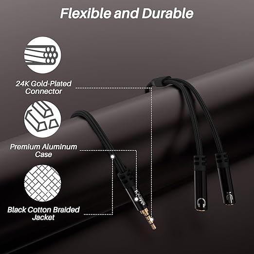 1/8inch Aux Headphone Splitter 2 Way Cable 6FT, 3.5mm 1 Male to 2 Female Mic - Image 2