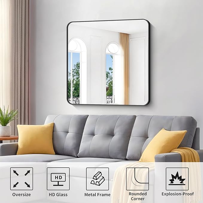 Black Bathroom Mirrors for Wall, Rounded Corner Metal Frame Wall Mirror - Image 4