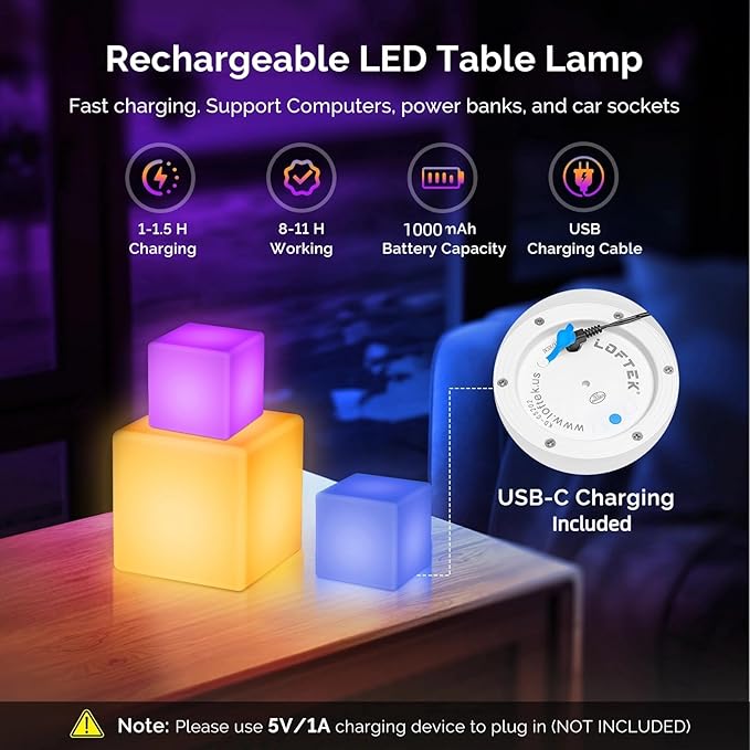 LOFTEK 7-inch LED Cube Night Lights: Rechargeable RGB 16 Colors Changing Light - Image 5