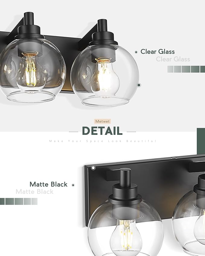 METWET Bathroom Light Fixtures, 2 Light Matte Black Vanity Light, Modern Wall - Image 3