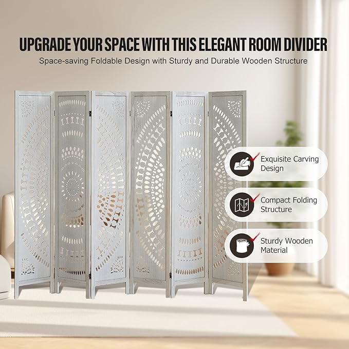 ALeesing 6 Panel Wood Room Divider Fully Assembled, Decorative Room Dividers - Image 5