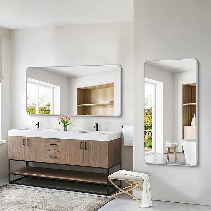 55x30 Inch Silver Bathroom Mirror, Large Rectangular Vanity Mirror, Metal - Image 4