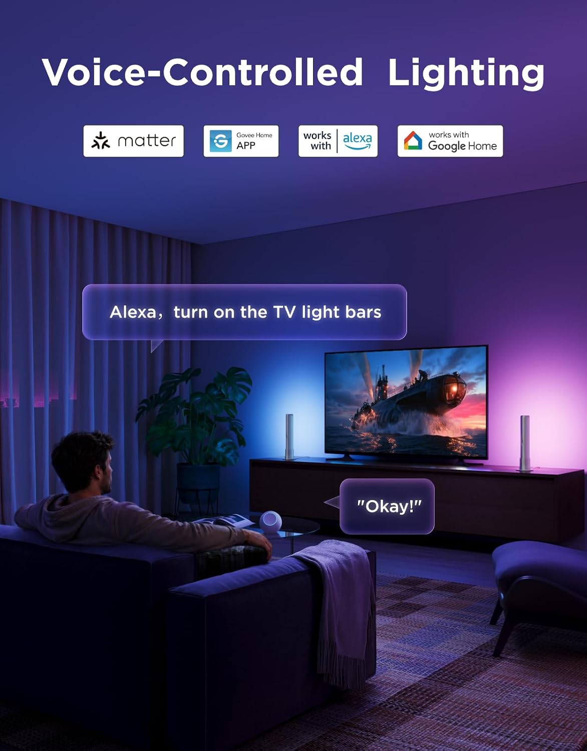 Govee Smart Light Bar, RGBICWW TV Lights for Living Room, Gaming, Silver | Compatible with SmartThings, Matter, Alexa, LED Light Bar with Scene and Music Modes for Living Room, Gaming, PC, App Control