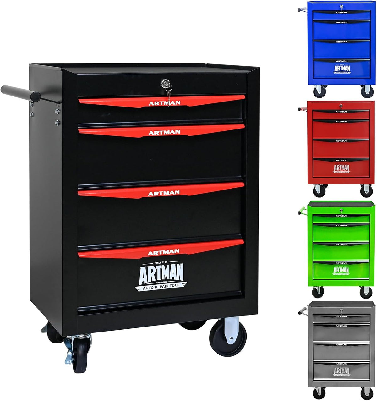 4-drawer rolling tool chest, lockable for garage,black shown in use