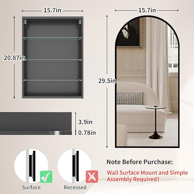 Arched Medicine Cabinet with Mirror, Vanity Mirror with Storage, Wall Mounted - Image 2
