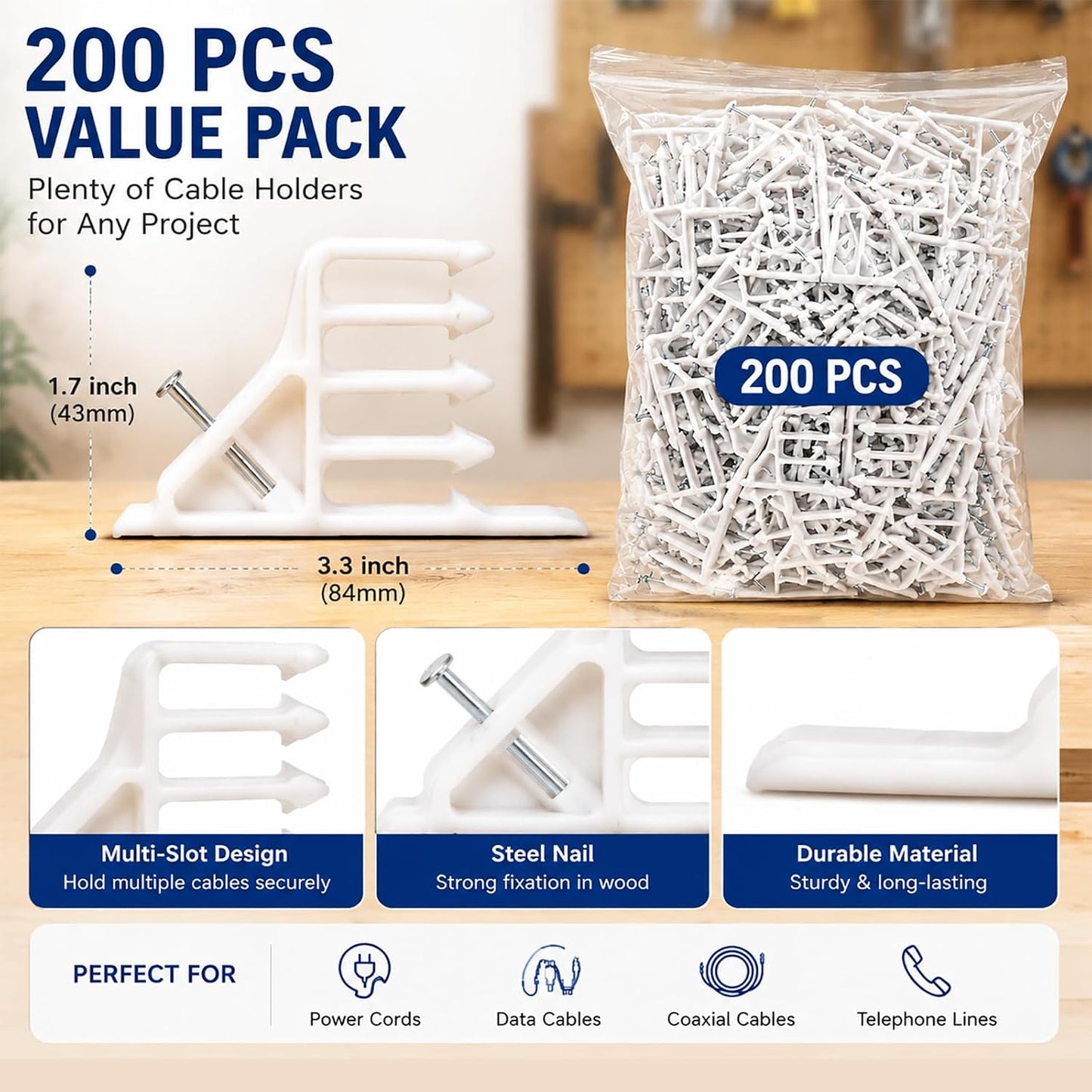 Multi-Cable Staples 200 Pack, White Electrical Wire Stackers, Steel Nails | Multi-Wire Cable Clips Compatible with Romex NM Cable Coaxial CAT5 and CAT6 Data Lines, Nail-On Fasteners for Wood Studs
