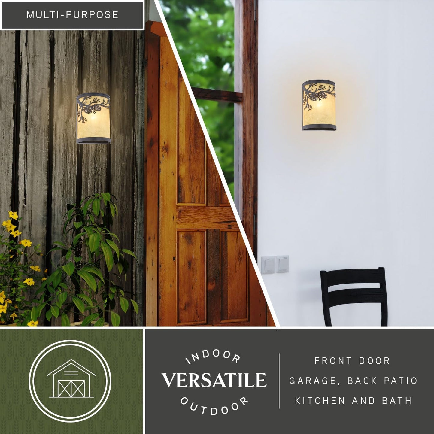 VAXCEL Douglas 1-Light 8 in. Wide Warm Bronze Indoor-Outdoor Rustic Flush Mount Wall Sconce with Pinecone Cutout and Amber Flake Glass Shade, Dimmable, LED Compatible, Bathroom Vanity Lighting Fixture