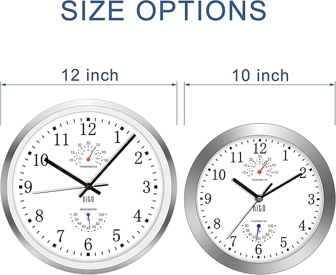 HITO 12 Inch Silent Wall Clock Battery Operated Non Ticking Glass Cover Silver - Image 3