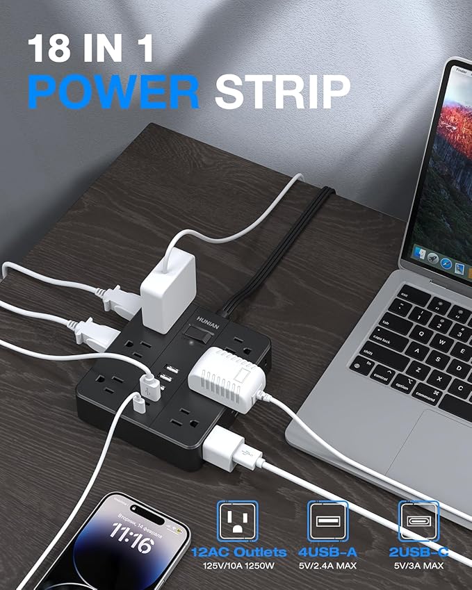 Extension Cord 25 Ft, HUNIAN Flat Plug Power Strip Surge Protector, 12 Widely - Image 2