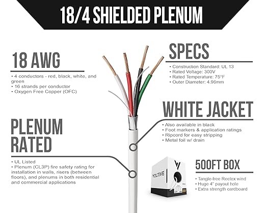 Voltive 18/4 Shielded Low Voltage Wire, Plenum CL3P, 500ft - Image 2