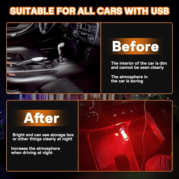 2PCS USB Car LED Interior Lights, Mini Ambient Lighting Accessories, Touch - Image 6