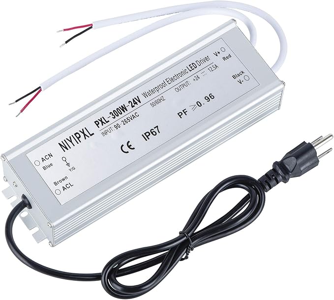 LED Driver 300 Watts 24V DC Transformer， Waterproof IP67 Power Supply, 24V DC by NIYIPXL