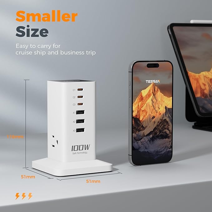 Charging Station PD 100W, TESSAN 9-in-1 USB C Power Strip - Image 6