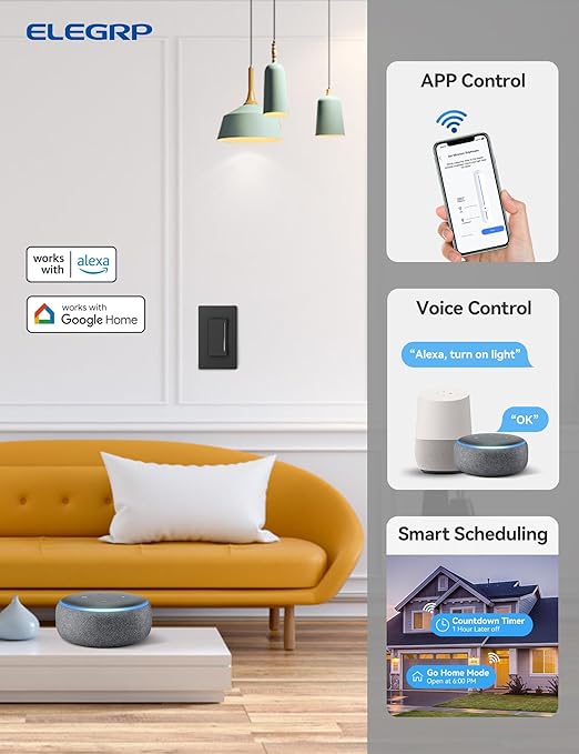 ELEGRP Smart Dimmer Light Switch DTR10, Single Pole Setup, 2.4GHz Wi-Fi Touch - Image 2