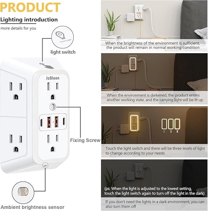 Wall Outlet Extender with Night Light, Power Plug Adapter Multi Plug Outlet - Image 5