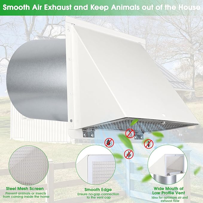 8 Inch Hooded Wall Vent with Screen and Damper, Outdoor Wall Exhaust Vent Cover - Image 3
