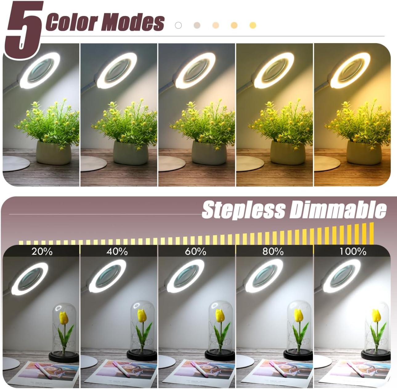 10X Magnifying Glass with Light and Stand, 16.5in Flexible Goose-Neck, 5 Color Modes Stepless Dimmable LED Lighted Desk Lamp, Hands Free Magnifier for Crafting Hobby Painting Close Work - White