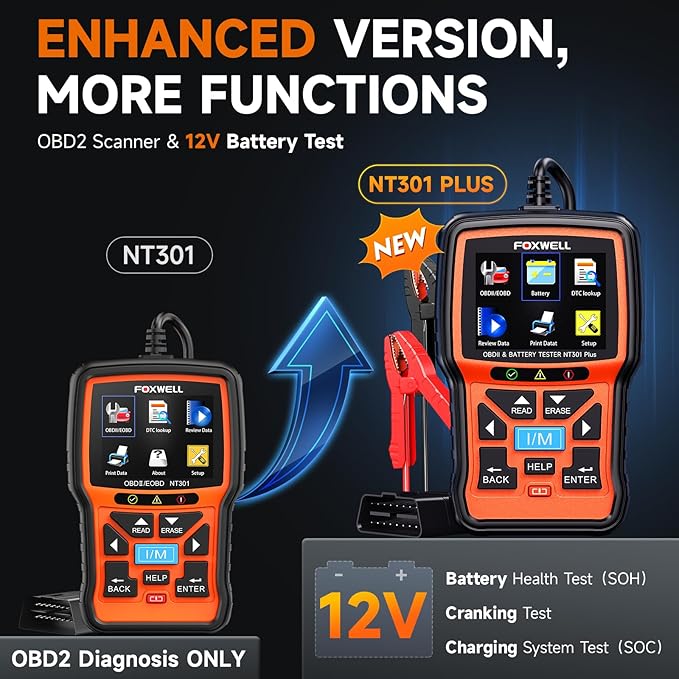 Upgraded of NT301, 2-in-1 FOXWELL NT301 Plus OBD2 Scanner Car Battery Tester - Image 2