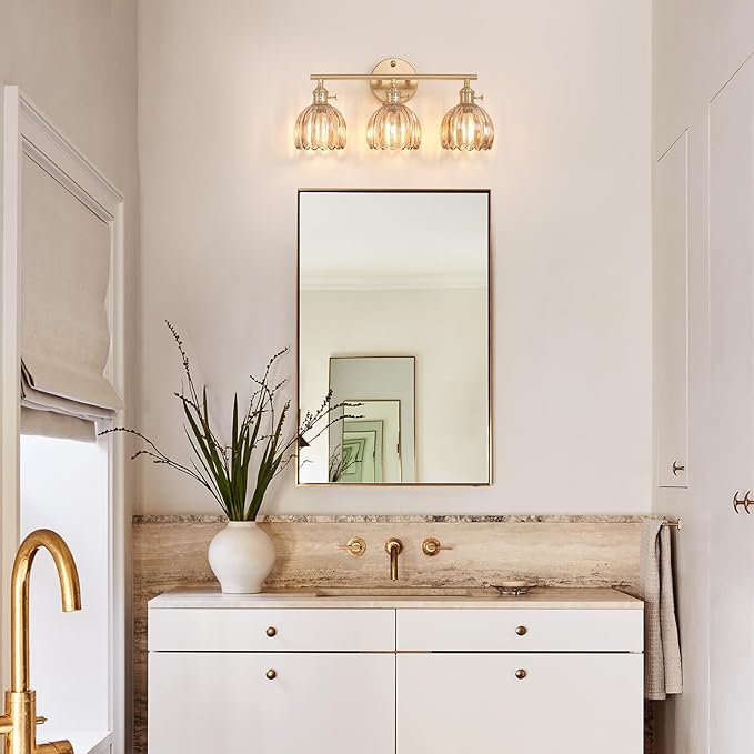 Shenmoyl Bathroom Light Fixtures, 3-Light Brass Vanity Wall Light Over Mirror - Image 2