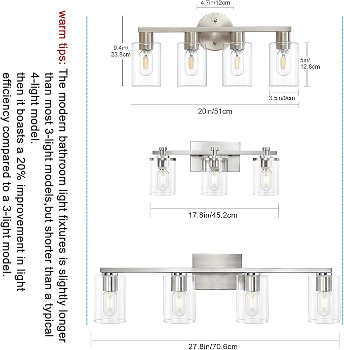 4 Light Bathroom Vanity Light, Brushed Nickel 4-Light Bathroom Light Fixtures - Image 5